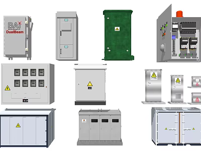 Industrial Electrical Equipment With Distribution Boxes Control Cabinets And Warning Signs In Various Designs 3d model