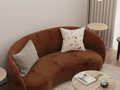 Curved Brown Two Seater Sofa with Grey Patterned Pillows and Round Side Table with Magazine 3d model