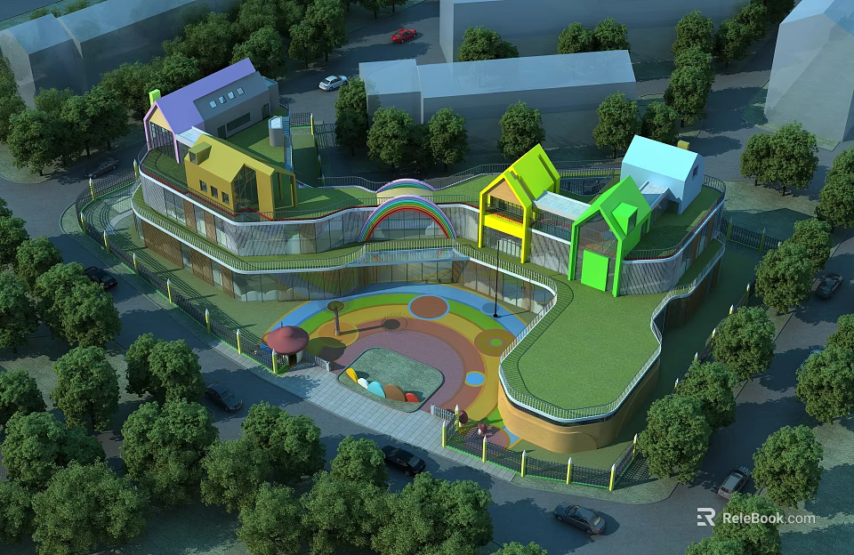 Colorful School Building With Green Roof And Playground Area Surrounded By Trees 3d model 