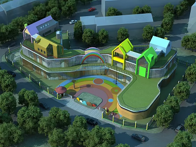 Colorful School Building With Green Roof And Playground Area Surrounded By Trees 3d model