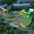 Colorful School Building With Green Roof And Playground Area Surrounded By Trees
