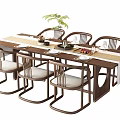 Modern Wooden Dining Table Set With Six Chairs Potted Plant Fruits And Glassware