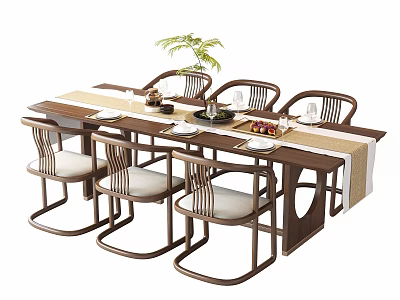 Modern Wooden Dining Table Set With Six Chairs Potted Plant Fruits And Glassware 3d model
