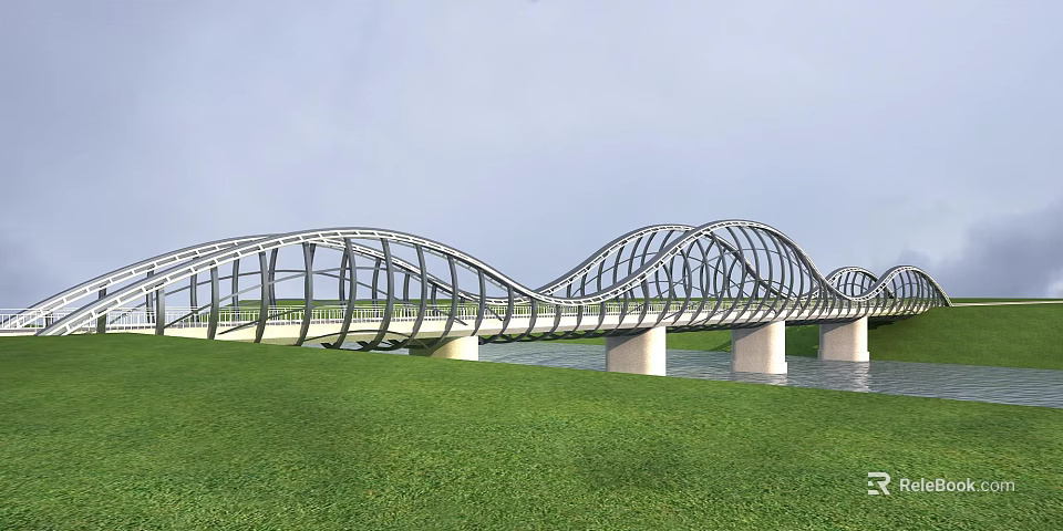Modern Wavy Bridge With Metal Frame Structure Over River And Green Grass Landscape 3d model