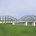 Modern Wavy Bridge With Metal Frame Structure Over River And Green Grass Landscape 3d model