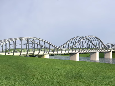 Modern Wavy Bridge With Metal Frame Structure Over River And Green Grass Landscape 3d model