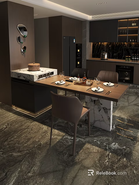 Modern Restaurant Interior With Marble Countertop Dining Table And Chairs 3d model 