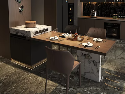 Modern Restaurant Interior With Marble Countertop Dining Table And Chairs 3d model