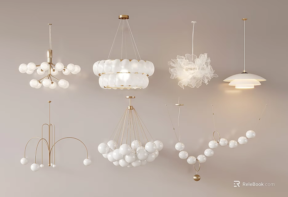 Modern Chandeliers With White Globe Shades And Gold Metal Frames For Contemporary Home Decor 3d model 
