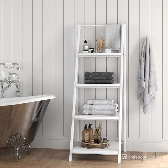 White Ladder Shelf In Bathroom With Stacked Towels And Toiletries 3d model 