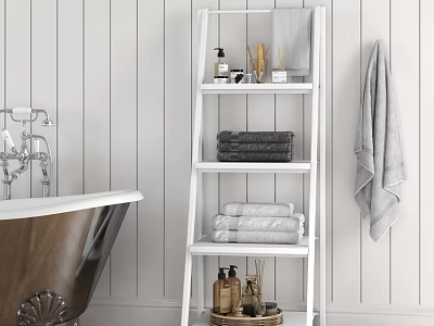 White Ladder Shelf In Bathroom With Stacked Towels And Toiletries 3d model