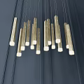 Modern Golden Brass Hanging Chandelier With Slim Cylindrical Tubes And White Light Sources