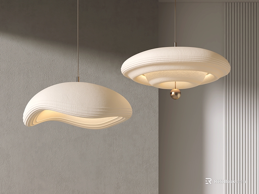 Two Modern Curved White Fabric Pendant Lights As Minimalist Interior Lighting Fixtures 3d model 