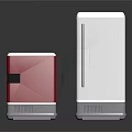 Red Compact Freezer and White Upright Refrigerator with Modern Sleek Design on Black Surface
