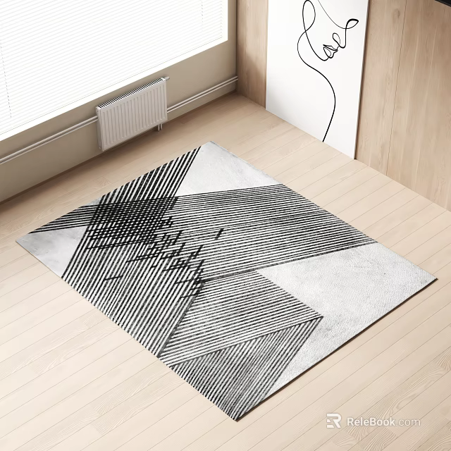 Modern Square Rug With Black And White Abstract Geometric Lines On Wooden Floor 3d model 