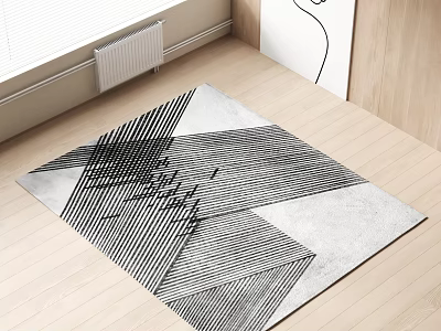 Modern Square Rug With Black And White Abstract Geometric Lines On Wooden Floor 3d model