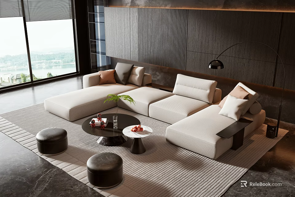 Modern Beige Sofa and Black Coffee Table Set with Cushions Ottomans and Striped Rug 3d model 
