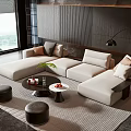 Modern Beige Sofa and Black Coffee Table Set with Cushions Ottomans and Striped Rug