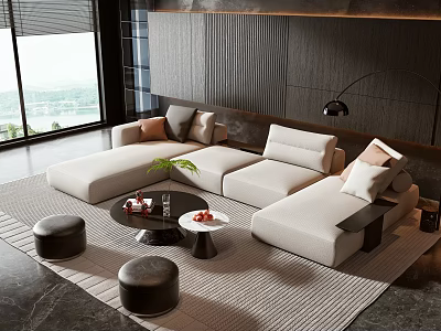 Modern Beige Sofa and Black Coffee Table Set with Cushions Ottomans and Striped Rug 3d model