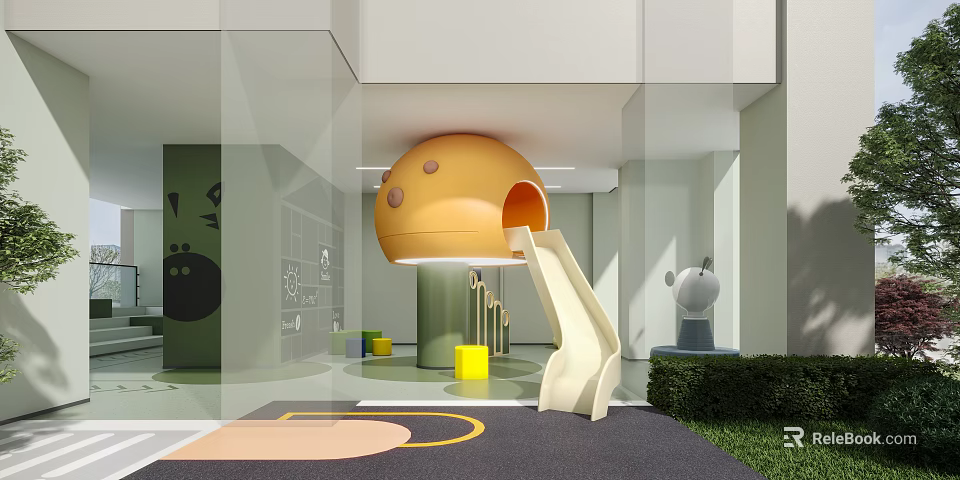 Colorful Children's Indoor Play Area with Yellow Dome Structure Slide and Rabbit Sculpture 3d model 