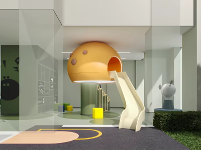 Colorful Children's Indoor Play Area with Yellow Dome Structure Slide and Rabbit Sculpture 3d model