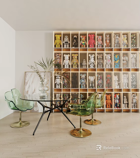 Modern Dining Living Room Interior Design With Glass Chairs Wooden Shelves And Decorative Figurines 3d model 