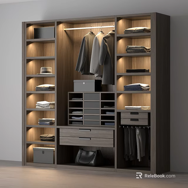Modern Wooden Wardrobe with Hanging Clothes Folded Garments Drawers and Storage Compartments 3d model 