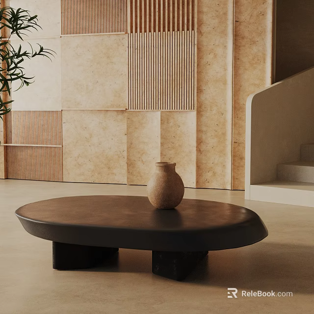 Modern Minimalist Sofa Coffee Table Set With Black Round Table Natural Plant Beige Textured Wall 3d model 