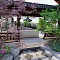 Traditional Chinese Garden Landscape with Wooden Pavilion Lotus Fountain Rockery and Purple Flowers