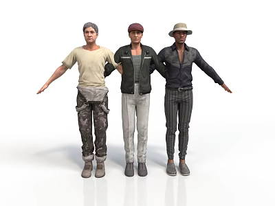 Three Men Standing Together With Different Casual Outfits And Arms Outstretched 3d model