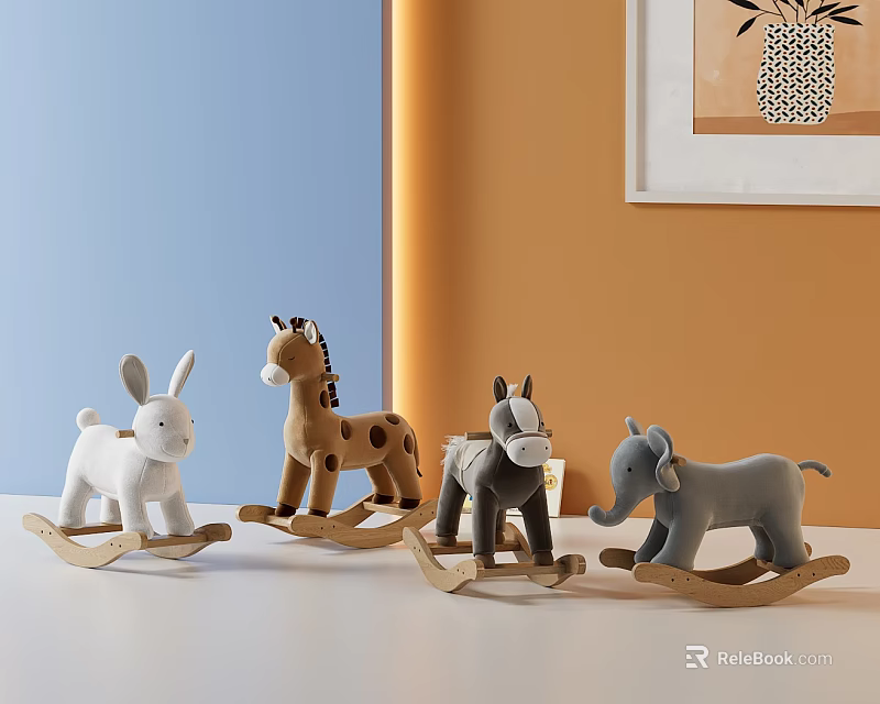 Four Plush Rocking Animal Toys Including Bunny Giraffe Horse Elephant 3d model 