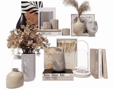 Minimalist Modern Decorative Ornament Collection with Vases Books Frames Candles and Plants 3d model