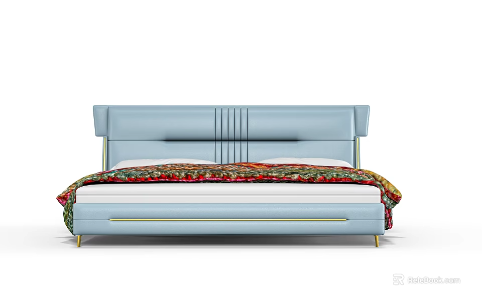 Light Blue Double Bed with Vertical Striped Headboard Golden Lines Patterned Blanket and Golden Legs 3d model 