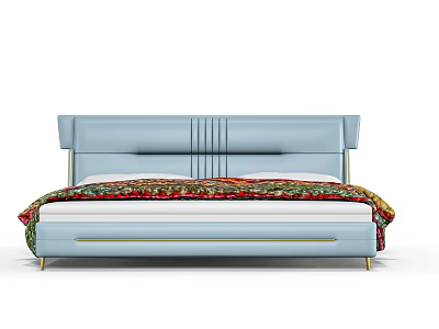 Light Blue Double Bed with Vertical Striped Headboard Golden Lines Patterned Blanket and Golden Legs 3d model