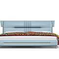 Light Blue Double Bed with Vertical Striped Headboard Golden Lines Patterned Blanket and Golden Legs