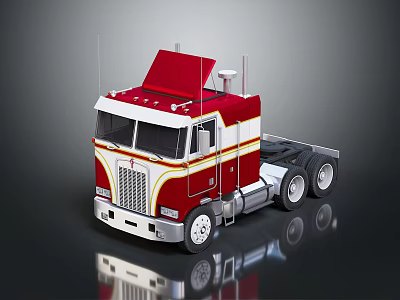 Classic Red and White Truck with Cab Wheels and Reflective Surface on Dark Background 3d model