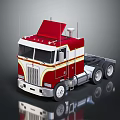 Classic Red and White Truck with Cab Wheels and Reflective Surface on Dark Background