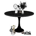 Round Wooden Dining Table with White Sculpture Green Plant Vase and Decorative Vases Gold Ornament