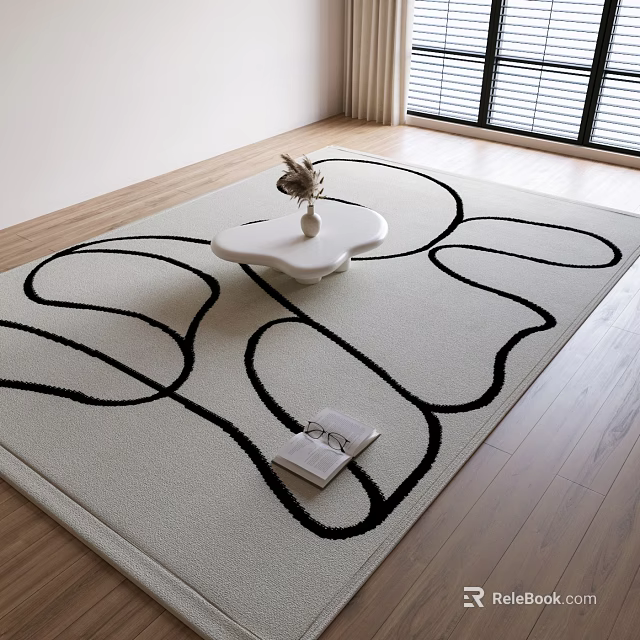 Square Area Rug With Black Abstract Lines In Modern Living Room 3d model 