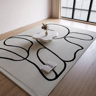 Square Area Rug With Black Abstract Lines In Modern Living Room 3d model