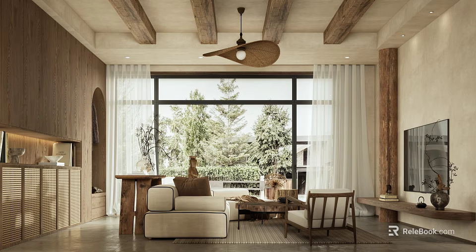 Cozy Rustic Living And Dining Room With Natural Wood Accents And Large Scenic Floor Windows 3d model 