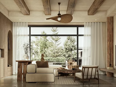 Cozy Rustic Living And Dining Room With Natural Wood Accents And Large Scenic Floor Windows 3d model