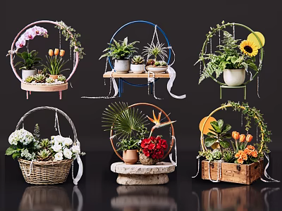 Decorative Vase Flowers With Orchids Sunflowers And Diverse Hanging Designs 3d model