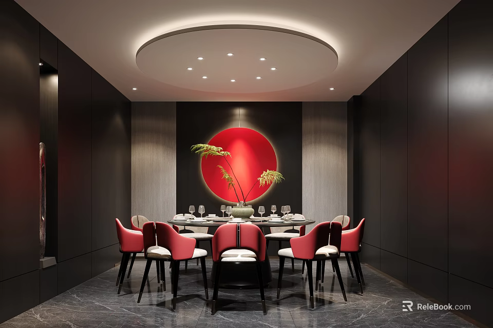 Elegant Private Dining Room Interior With Round Table Red Chairs Circular Art And Ceiling Lighting 3d model 