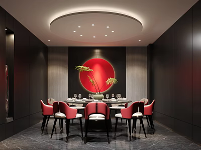 Elegant Private Dining Room Interior With Round Table Red Chairs Circular Art And Ceiling Lighting 3d model