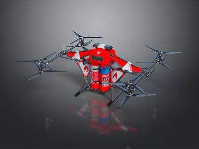 Red Fire Rescue Multi Rotor Drone With Emergency Equipment And Propellers 3d model