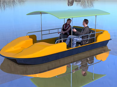 Yellow and Black Recreational Yacht with Green Canopy and Two People on Calm Water with Reflection 3d model