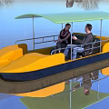 Yellow and Black Recreational Yacht with Green Canopy and Two People on Calm Water with Reflection