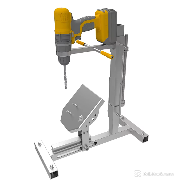 Industrial Yellow Electric Drill Mounted On Metal Stand With Base Workbench 3d model 