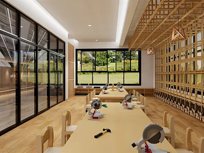 Kindergarten Interior Featuring Long Tables Tools Wooden Chairs Large Windows And Green Views 3d model